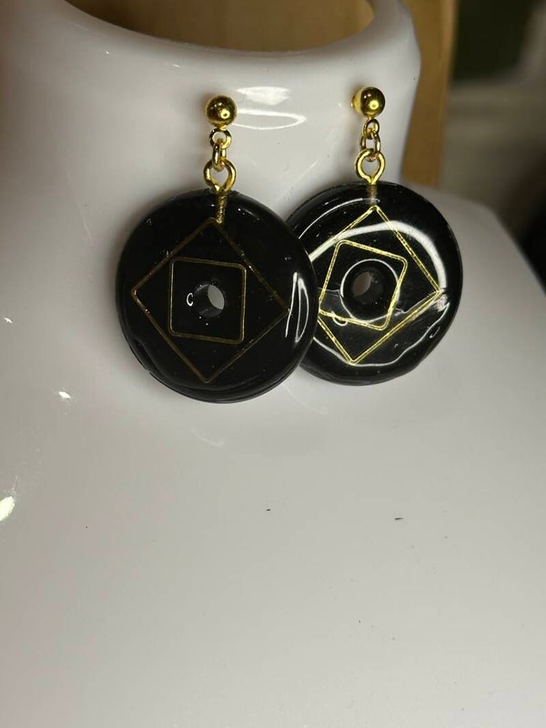 Boucles d'oreilles - Pendentifs ronds, noir et doré
