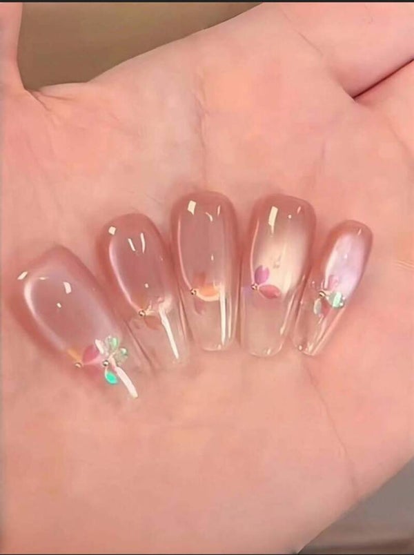 10 pièces Faux ongles faits main avec style d'œil de chat à pétales dégradés de fleurs de cerisier aurora