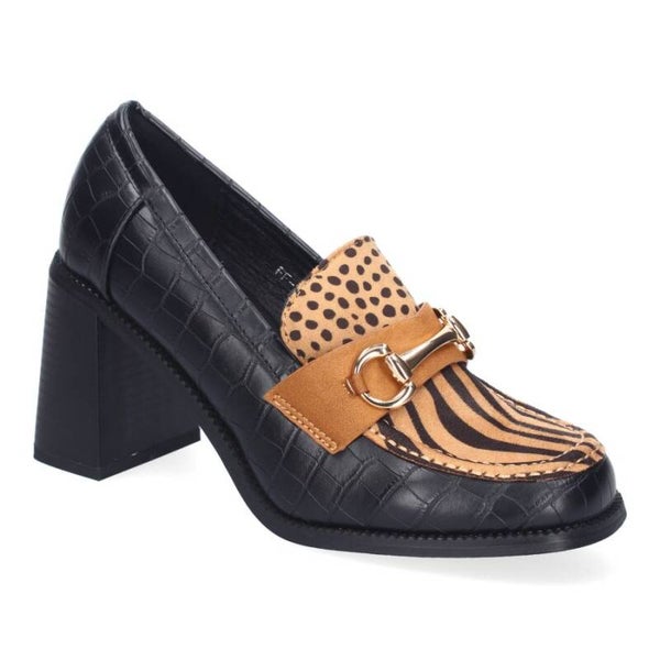 Calzado de Oficina Mujer: Mocasín de Tacón con Detalle Metalizado