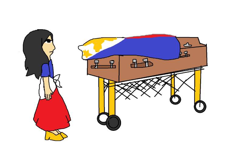 Leina Mae of the Phillipines stares at the flag draped coffin of Ferdinand Marcos