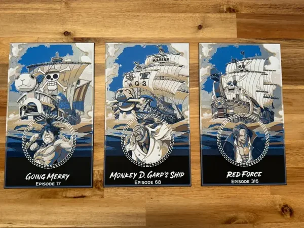 One Piece Schiffe, Hueforge Trytichon, 3D gedruckte Wandkunst