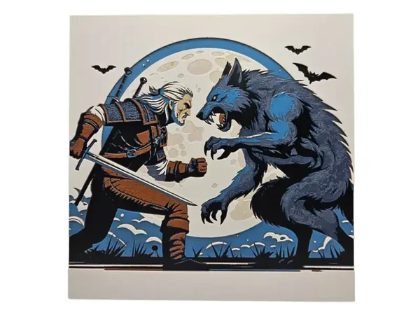 The Witcher vs the Werewolf, Hueforge, 3D gedruckte Wandkunst
