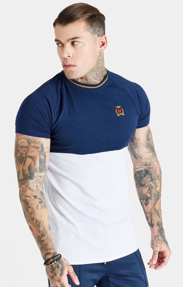 Blue and white crest cut & sew short sleeve gym t-shirt