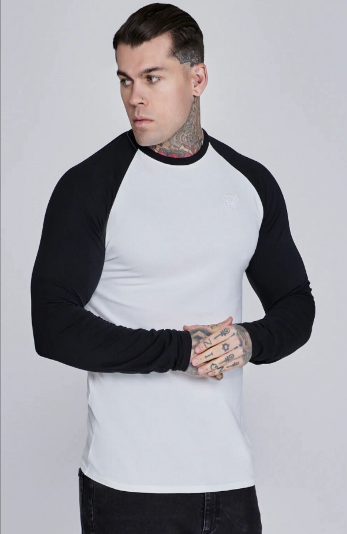 White and Black LS Muscle Fit T-Shirt