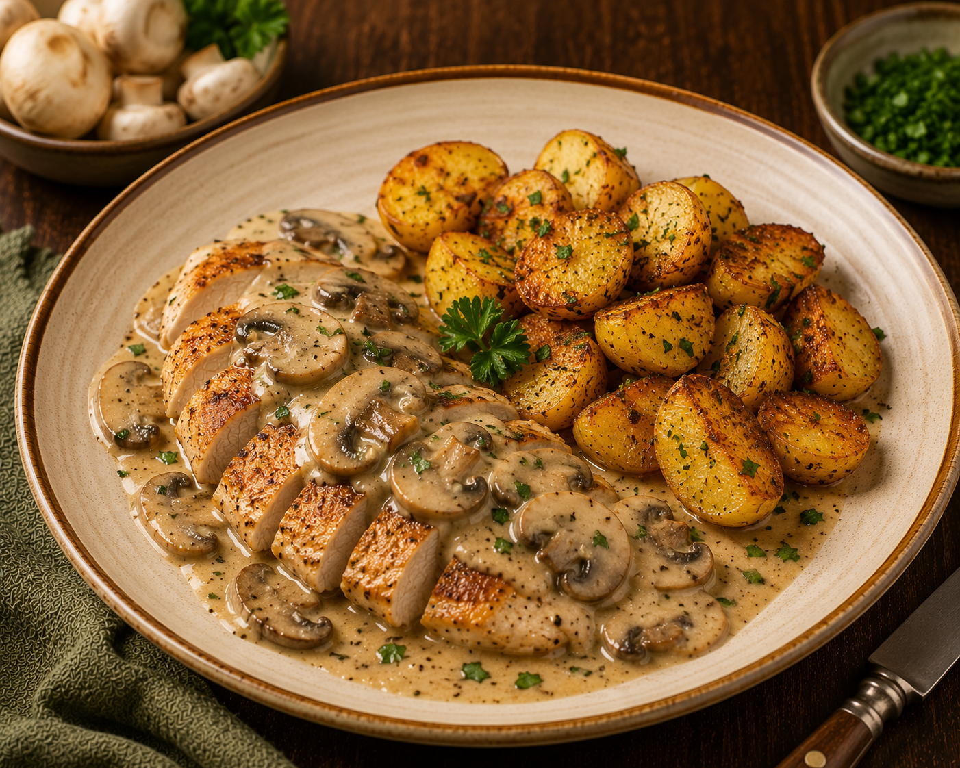 VERSE Kipfilet & Champignonroomsaus met Gebakken Aardappelen (met Sla & Tomaat) - Prijs Per Persoon (Levering 17/06/2026)