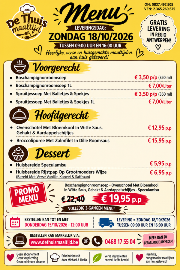PROMO-MENU - Prijs Per Persoon (Levering 18/10/2026)