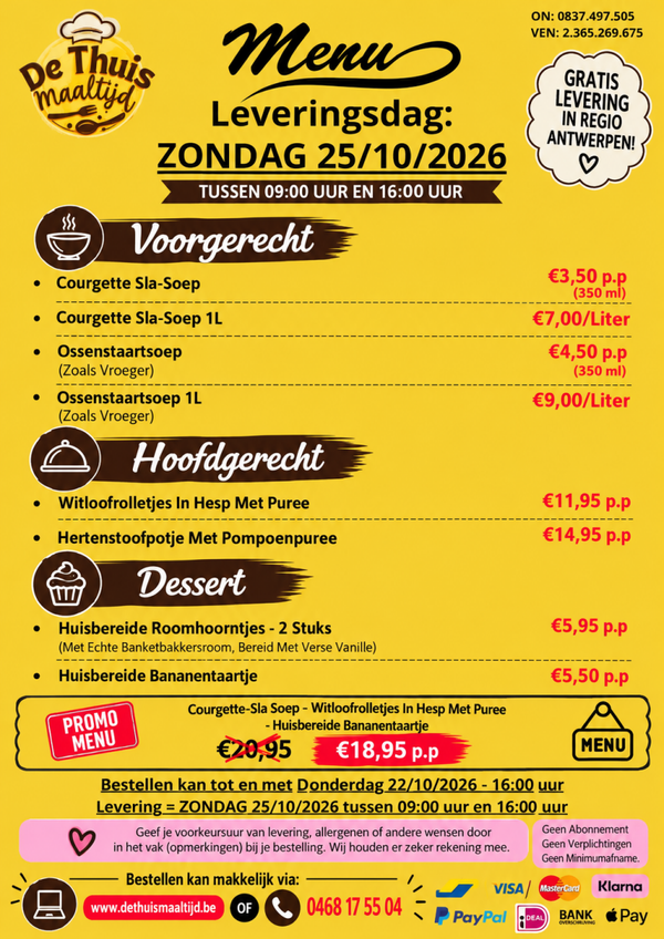 PROMO-MENU - Prijs Per Persoon (Levering 25/10/2026)