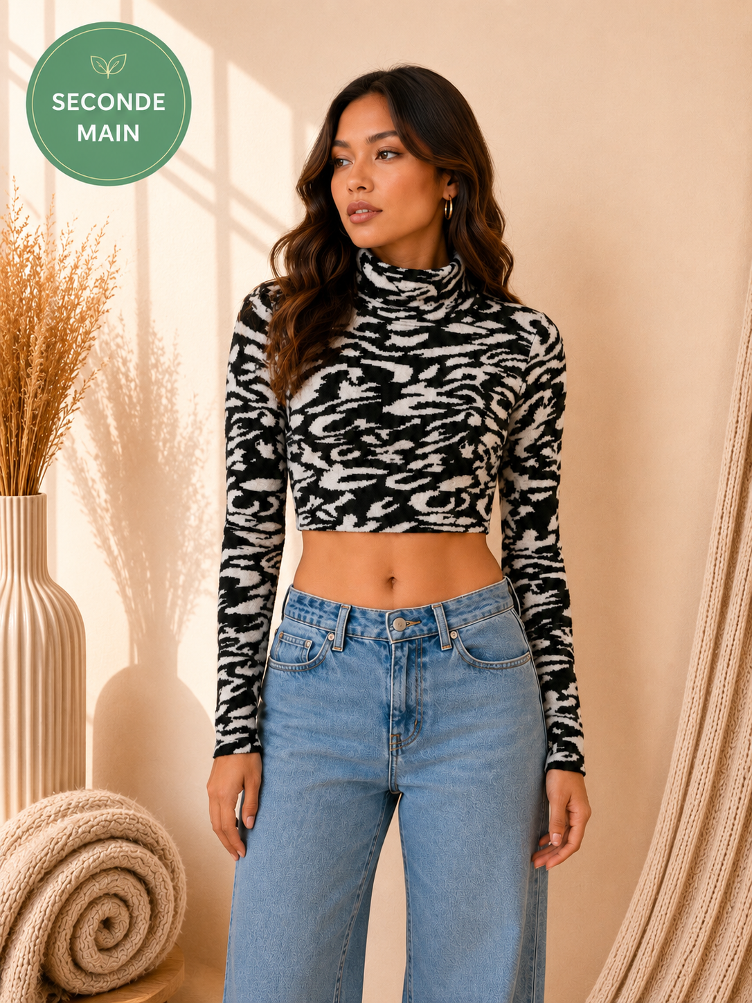 Crop Top Col Roulé Zébré Noir & Blanc – Taille S/M