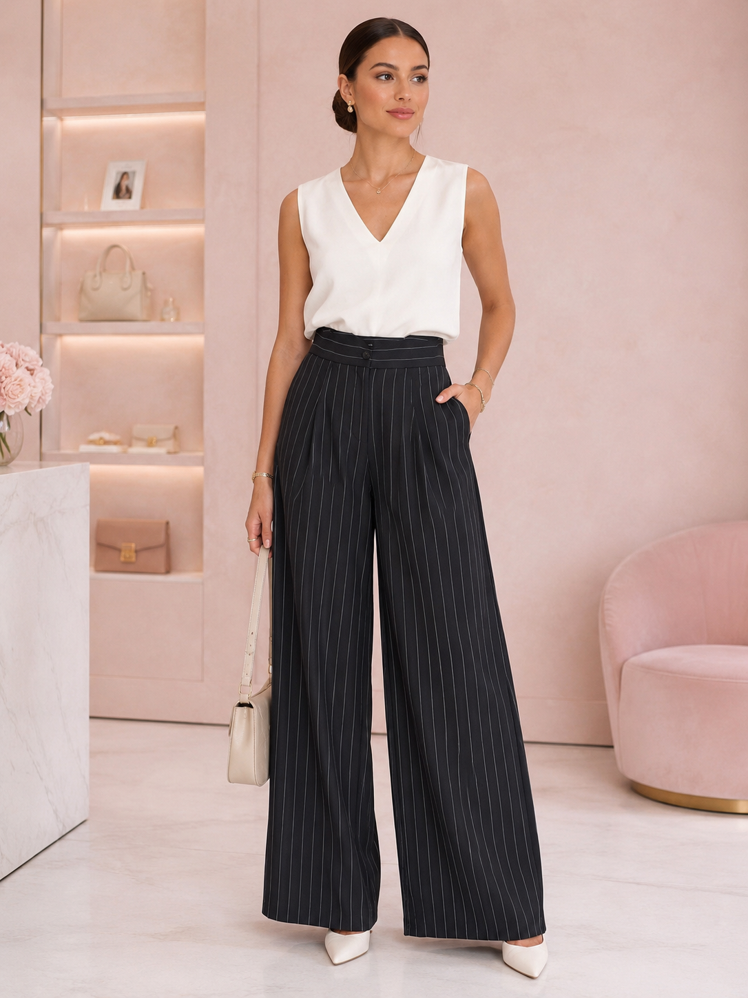 Pantalon palazzo noir à rayures – Mira & Co – Taille M – Made in Italy