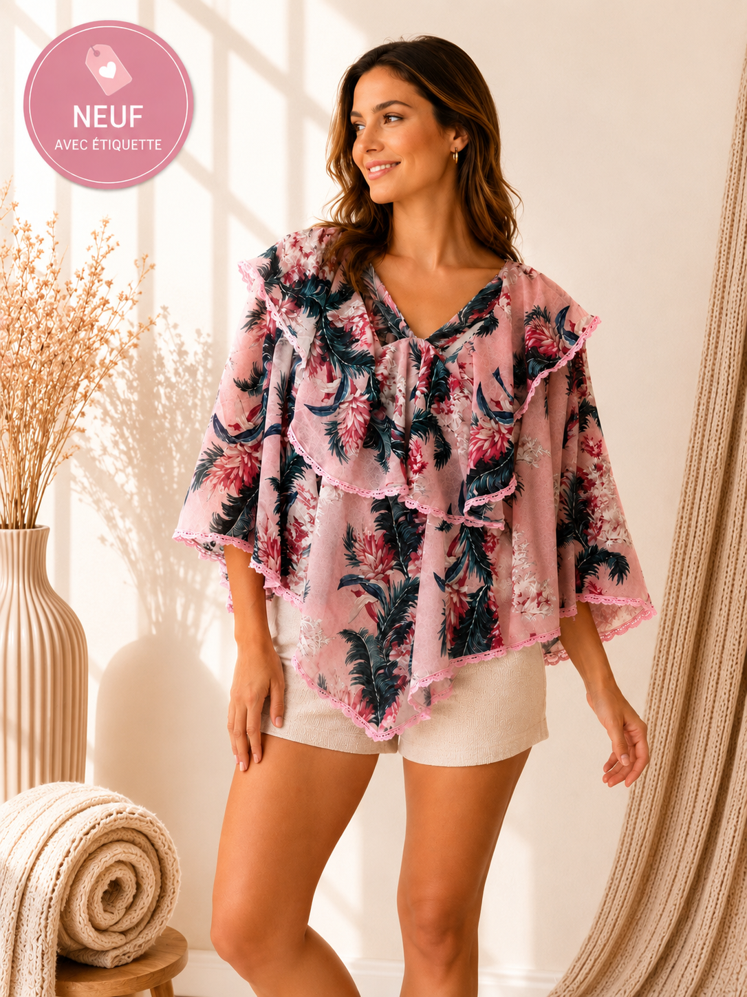 Blouse Glamorous Fleurie Rose à volant Taille-S