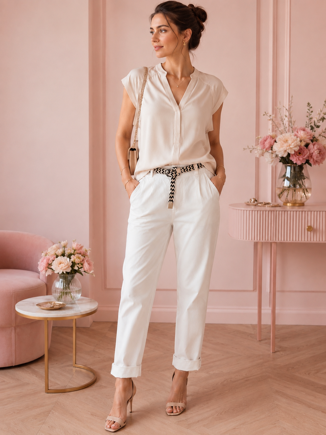 Pantalon blanc coupe chino avec ceinture – Taille S – Made in Italy