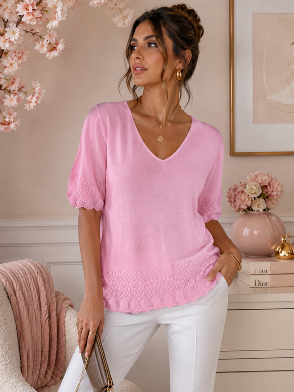 Pull maille rose J-Tricot Made in Italy – Taille unique – Col V – Neuf avec étiquette – Pièce unique