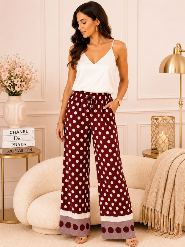 Pantalon Palazzo à Pois Bordeaux & Écru – Made in Italy – Taille Unique  – Pièce Unique