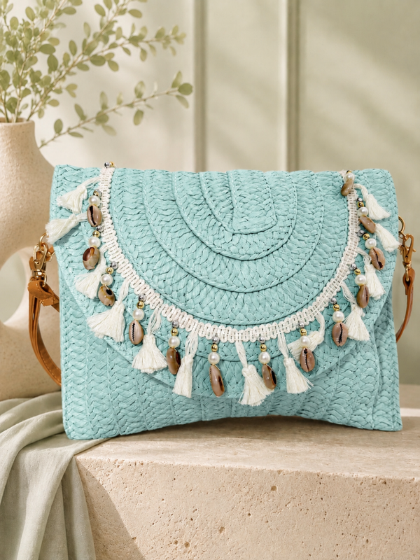 Sac bandoulière tressé 2 coloris disponible vert d’eau– Bleu aqua  à pompons et coquillages – GK - Neuf