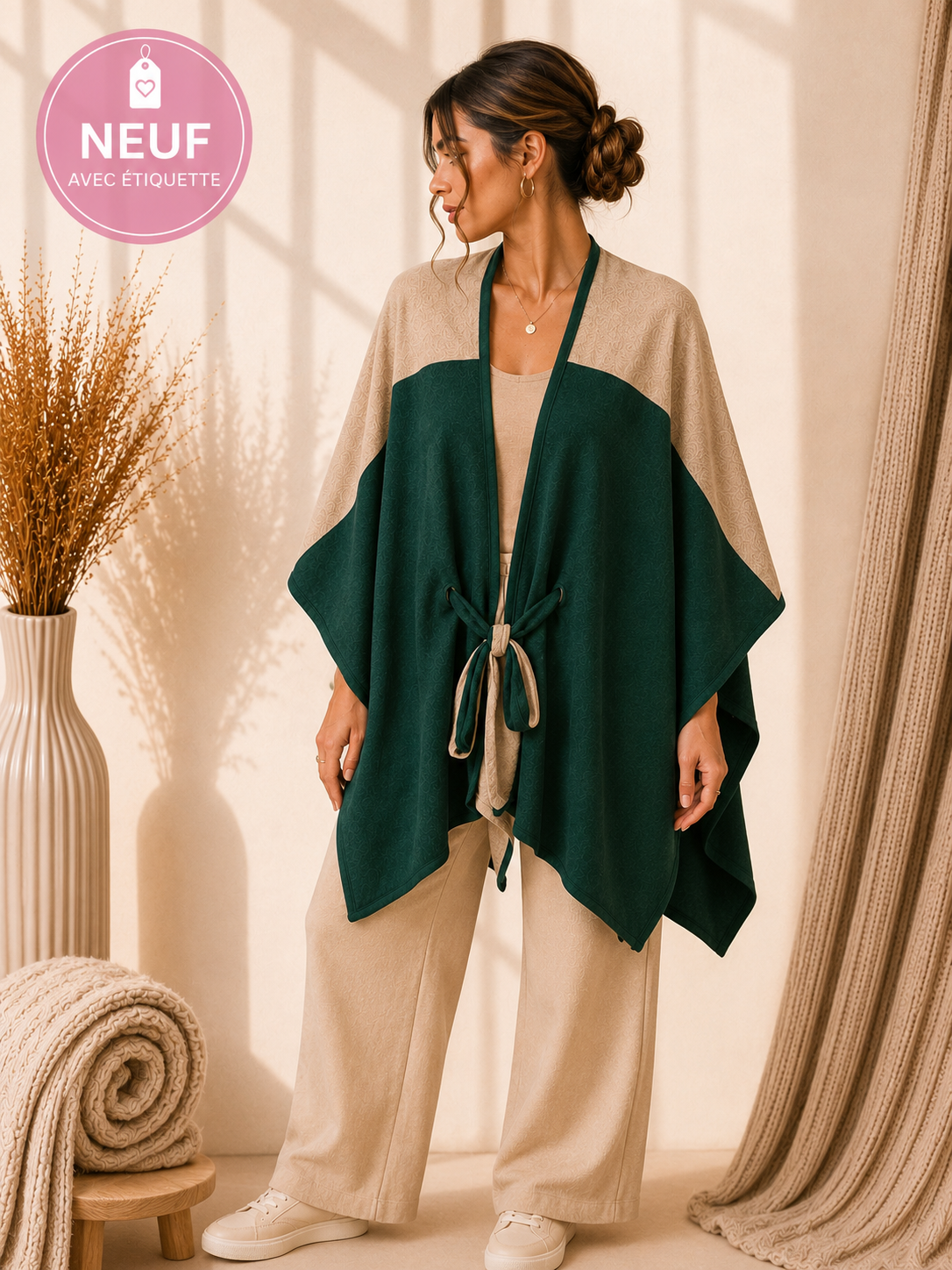Poncho G&K bicolore beige & vert canard Taille-Unique