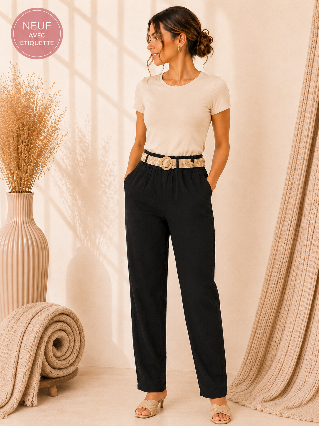 Pantalon 18 Aug Noir avec Ceinture Beige Taille Unique