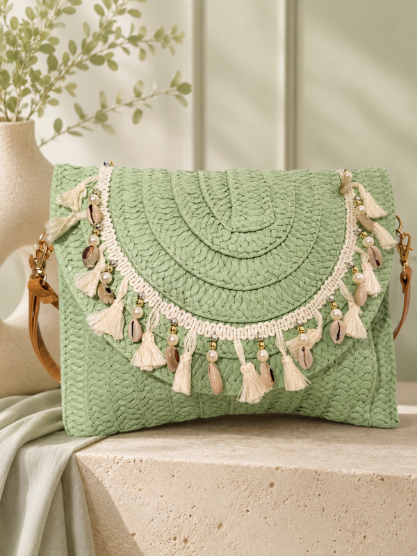 Sac bandoulière tressé vert menthe à pompons et coquillages – GK - Neuf