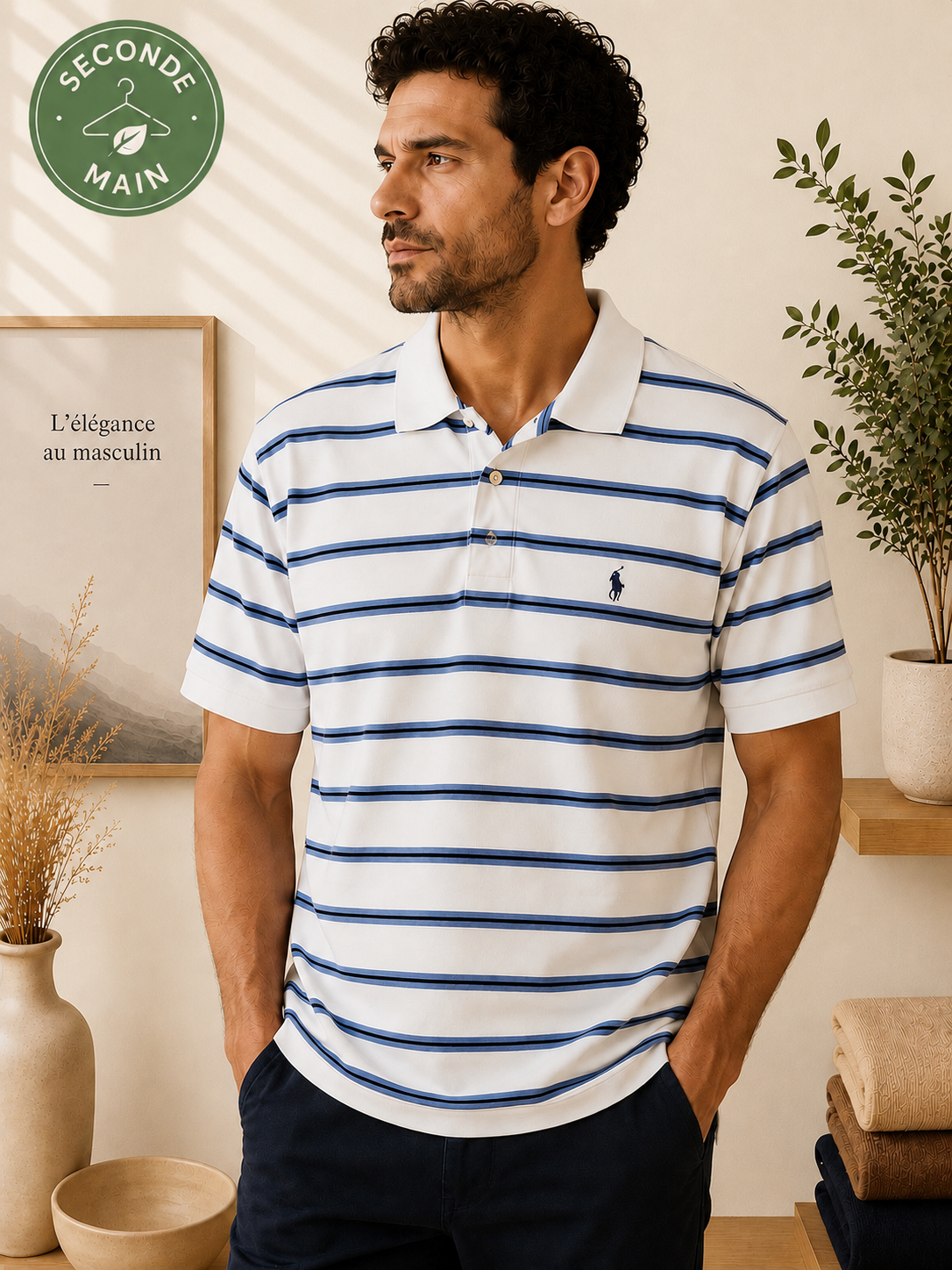 Polo Ralph Lauren Blanc Rayé Bleu Taille - M