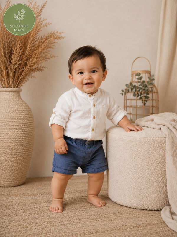 Ensemble bébé garçon Y-Clù 100 % lin blanc et bleu Taille – 12 mois