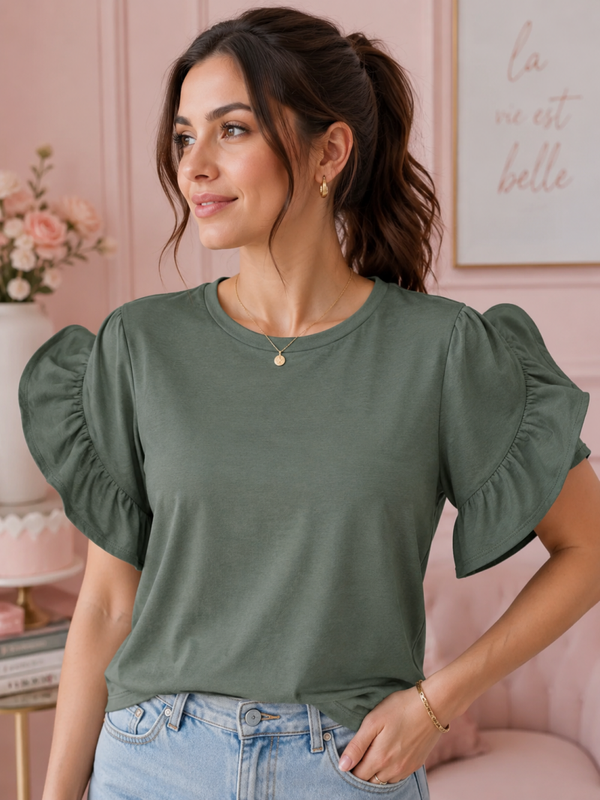 T-shirt femme vert kaki Doremi à manches volantées – Made in Italy