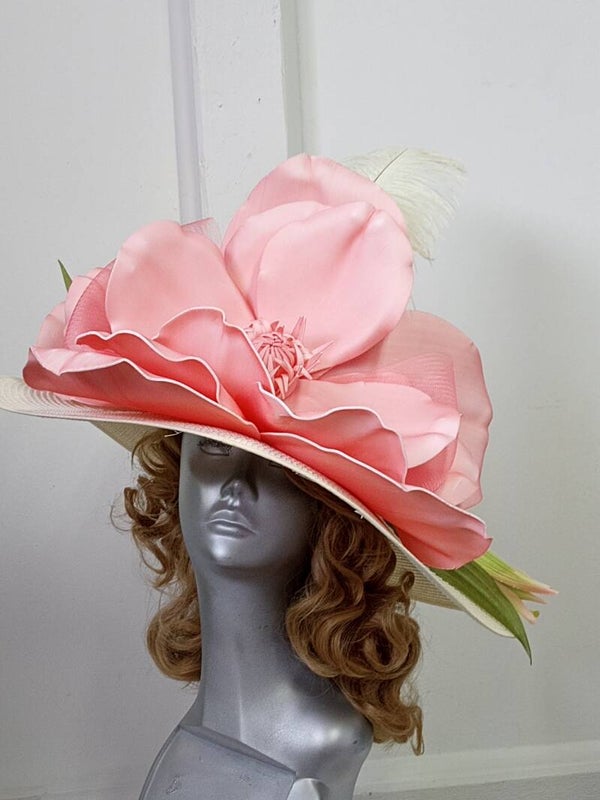 Peach Flower Straw Hat with a wide brim is a showstopper for derby day.
