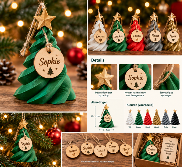 Gepersonaliseerde 3D-geprinte kerstboom met houten naamplaatje
