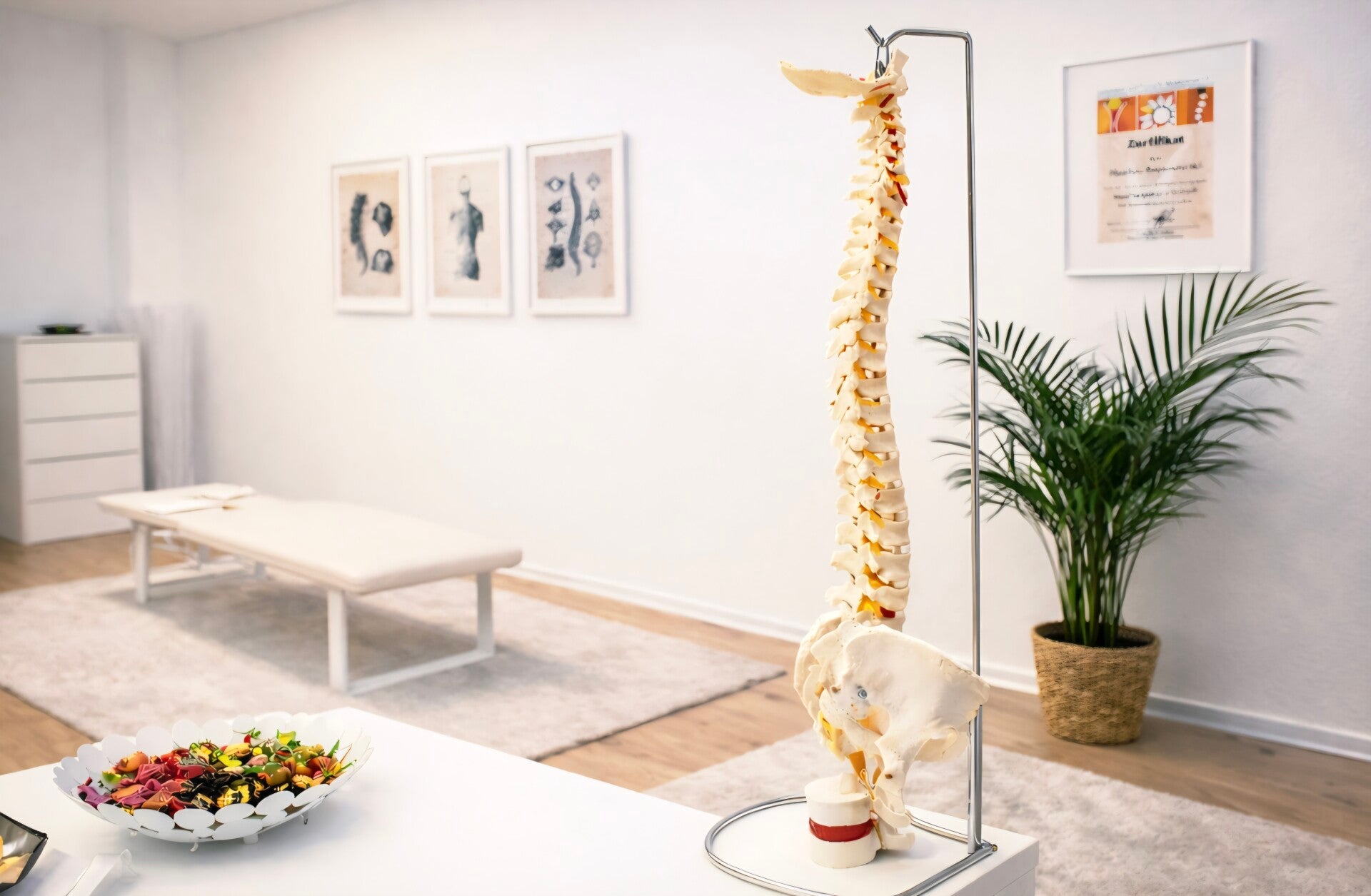 Behandlungsraum der Praxis Atlas & Statik in Berlin-Wilmersdorf mit Liege, Wirbelsäulenmodell und anatomischen Illustrationen
