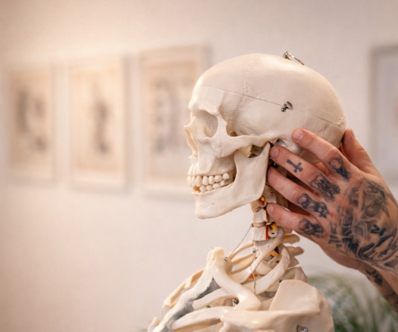 Sanfte Atlas-Behandlung am ersten Halswirbel (C1) – behutsamer Handkontakt am Übergang zwischen Schädel und oberer Halswirbelsäule.