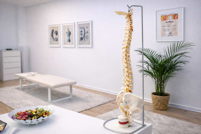 Behandlungsraum der Praxis Atlas & Statik in Berlin-Wilmersdorf mit Liege, Wirbelsäulenmodell und anatomischen Illustrationen