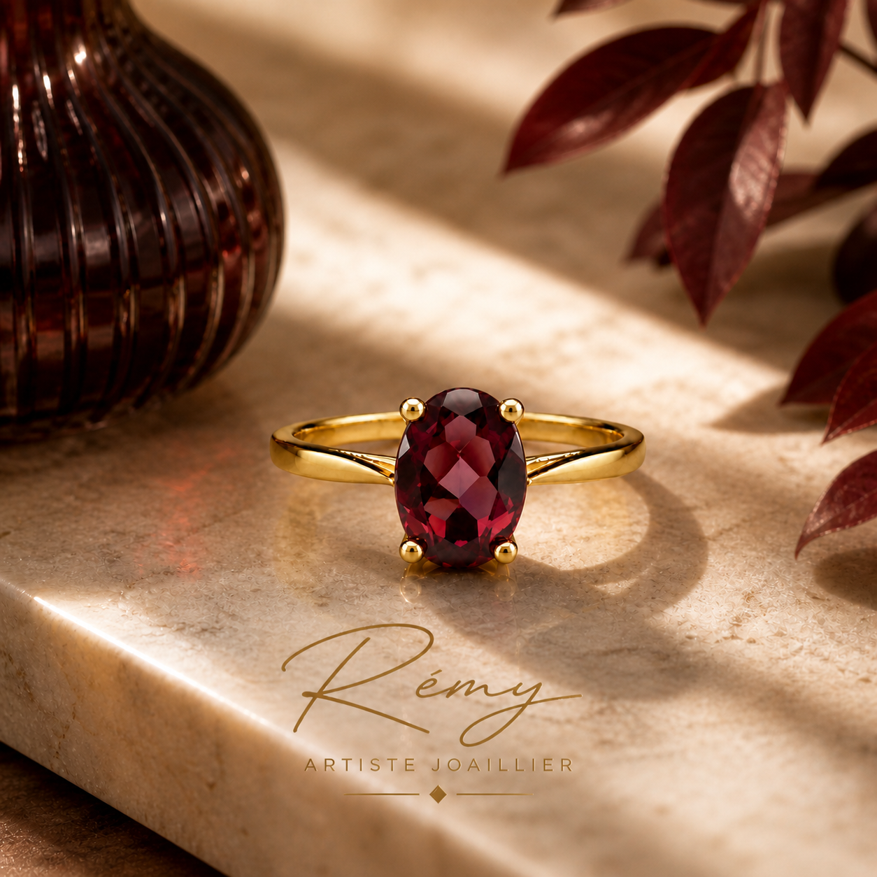 Bague “Rouge silencieux” – Grenat et or jaune 18 carats