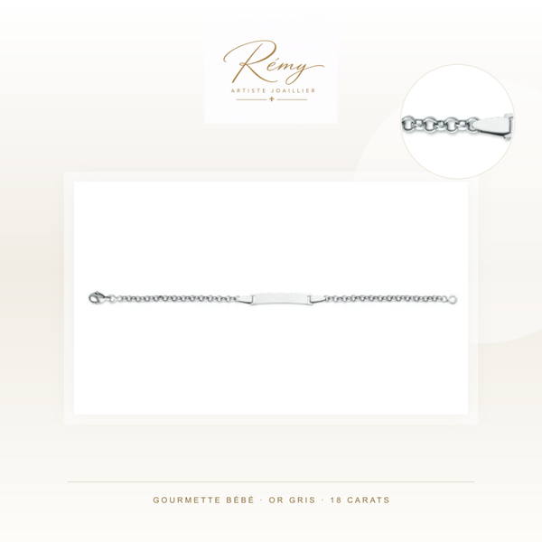 Gourmette bébé en or gris 750 — Maille Jaseron, plaque rectangle