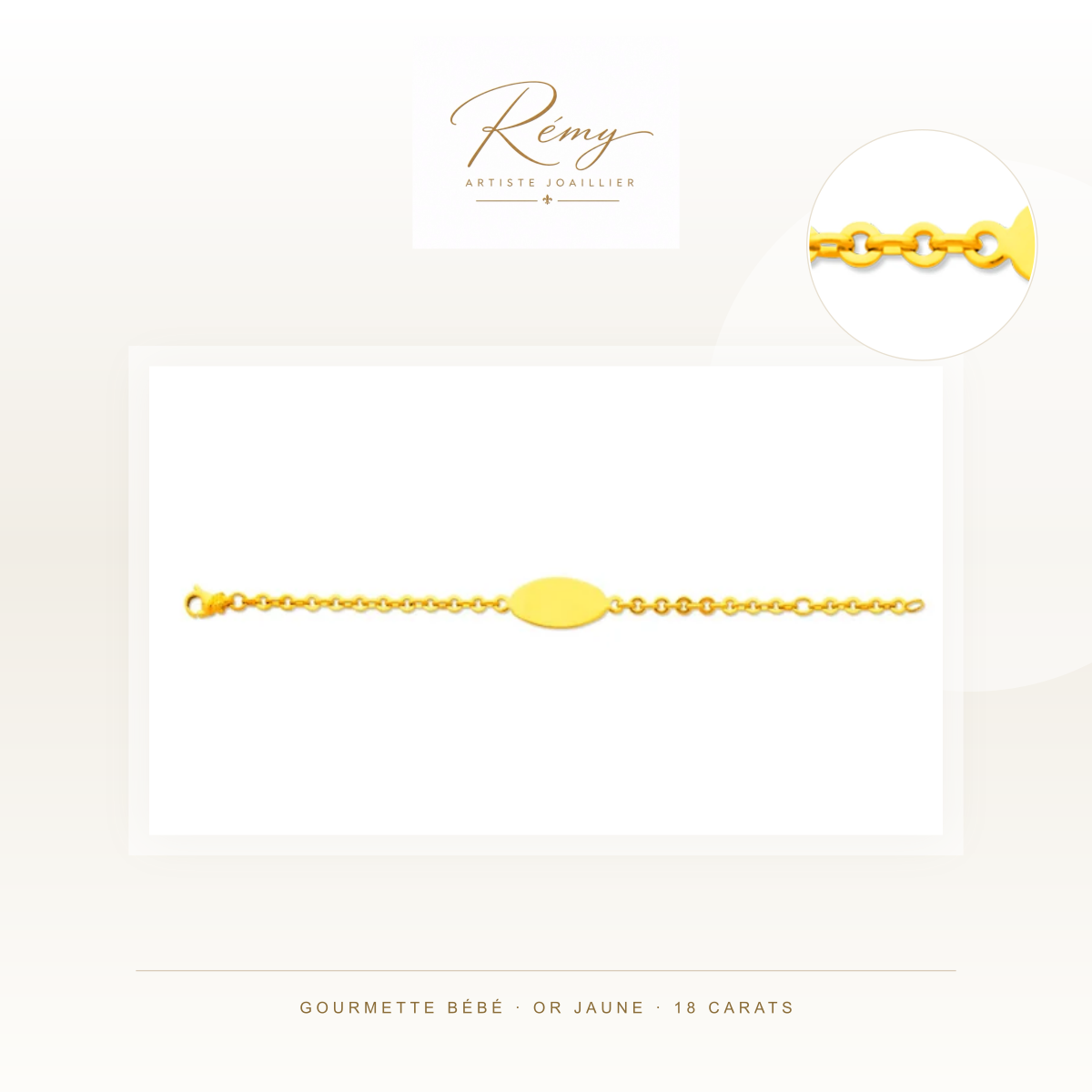 Gourmette bébé en or jaune 750 — Maille Lentille, plaque ovale