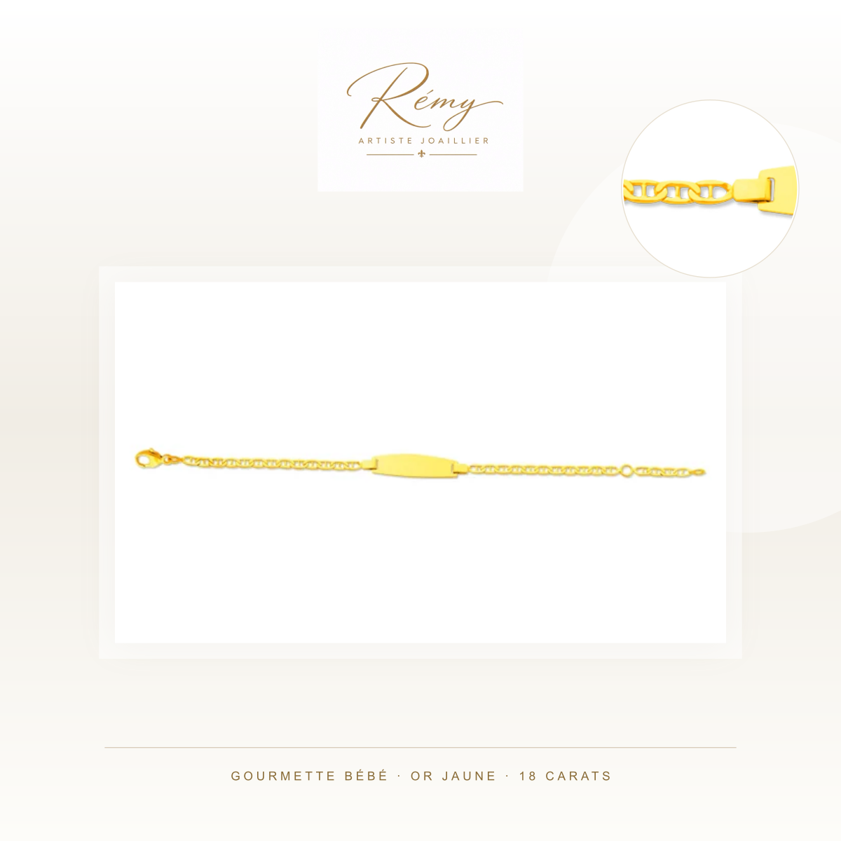 Gourmette bébé en or jaune 750 — Maille Marine battue, plaque tonneau