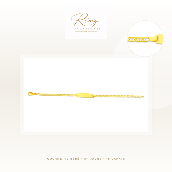 Gourmette bébé en or jaune 750 — Maille Marine battue, plaque tonneau