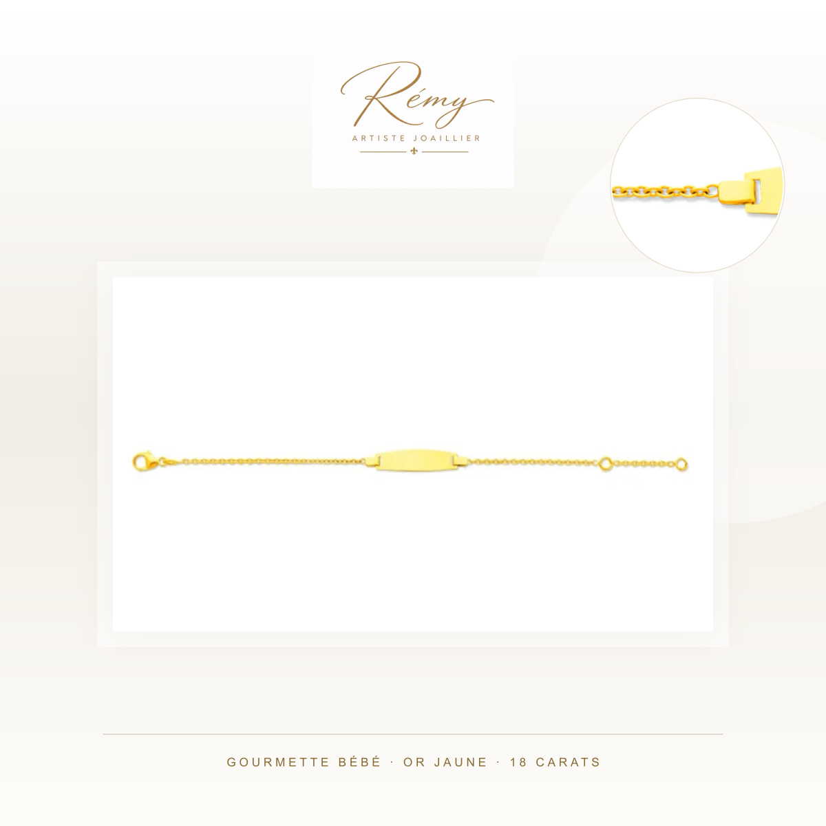 Gourmette bébé en or jaune 750 — Forçat ronde, plaque tonneau