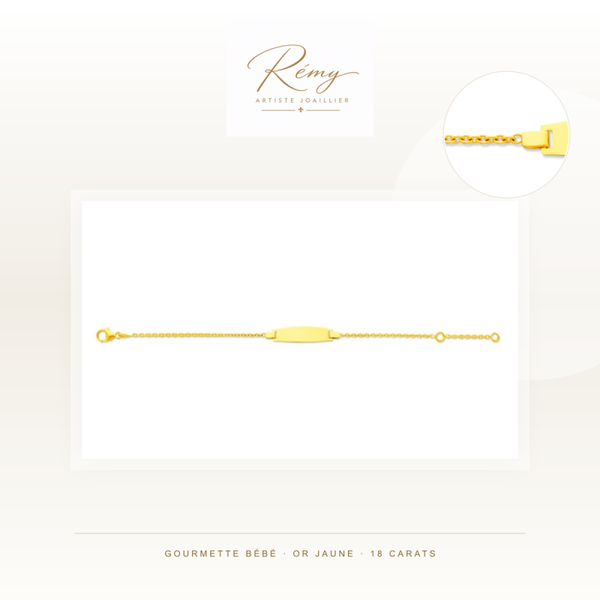 Gourmette bébé en or jaune 750 — Forçat ronde, plaque tonneau