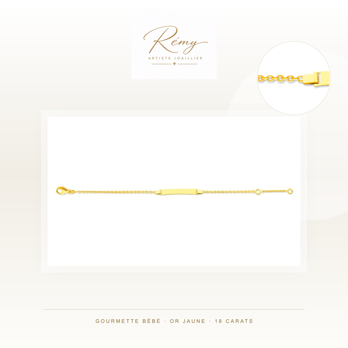 Gourmette bébé en or jaune 750 — Forçat ronde, plaque rectangle