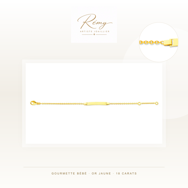Gourmette bébé en or jaune 750 — Forçat ronde, plaque rectangle