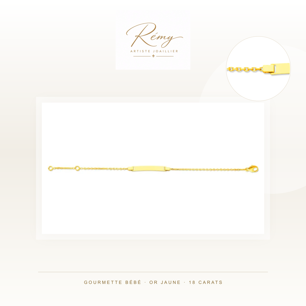 Gourmette bébé en or jaune 750 — Forçat diamantée, plaque rectangle