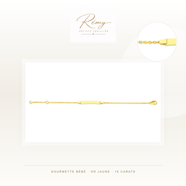 Gourmette bébé en or jaune 750 — Forçat diamantée, plaque rectangle