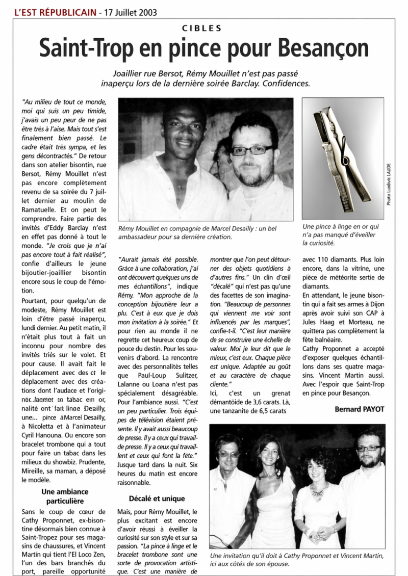 Article de presse « Saint-Trope en pince pour Besançon » mettant en lumière le travail de Rémy Mouillet, joaillier à Besançon.