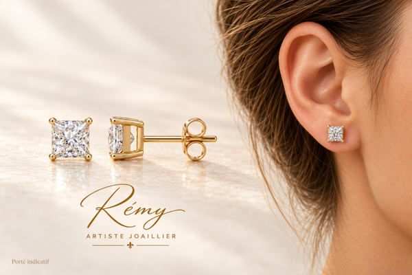 Boucles d’oreilles en or jaune 750, diamants de synthèse taille princesse, 1,00 ct.
