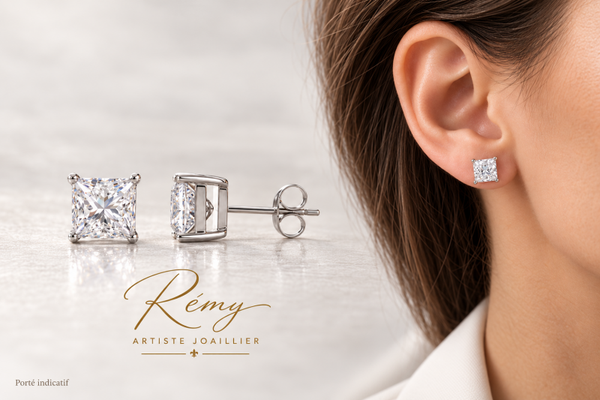 Boucles d’oreilles en or blanc 750, diamants de synthèse taille princesse, 1,50 ct.