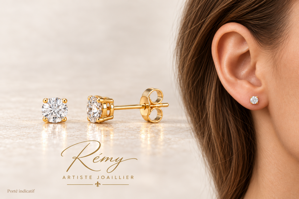 Boucles d’oreilles en or jaune 750, diamants de synthèse ronds, 0,50 ct.