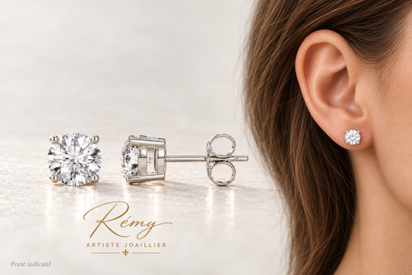 Boucles d’oreilles en or blanc 750, diamants de synthèse ronds, 1,50 ct.
