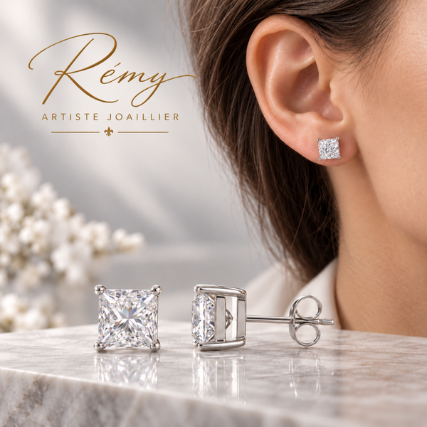 Boucles d’oreilles en or blanc 750, diamants de synthèse taille princesse, 1,50 ct.