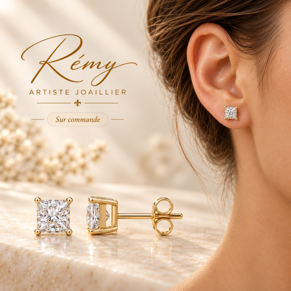 Boucles d’oreilles en or jaune 750, diamants de synthèse taille princesse, 1,00 ct.