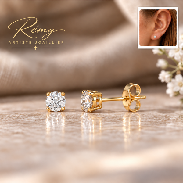 Boucles d’oreilles en or jaune 750, diamants de synthèse ronds, 0,50 ct.