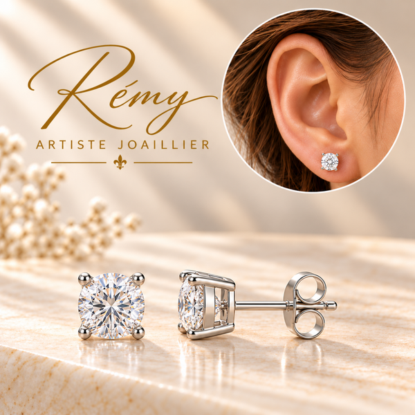 Boucles d’oreilles en or blanc 750, diamants de synthèse ronds, 1,00 ct.