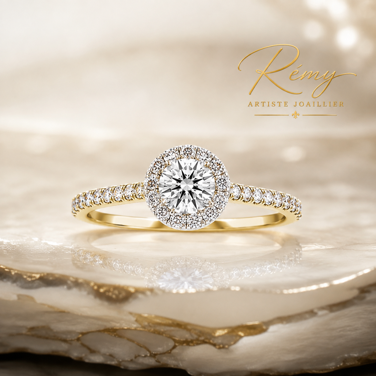 Bague de fiançailles halo – Diamant naturel 0,25 ct G VS1 – Or 18 carats